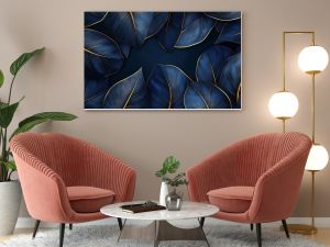 This stunning 3D artwork features dark blue leaves with intricate golden outlines, creating a luxurious floral design that adds depth and elegance to any space with its artistic flair