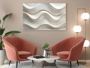 Modern abstract wallpaper with wavy, geometric patterns in gold and white tones.