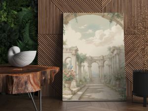 Classical Roman ruins with garden, peacock, bird, botanical tree and flower art prints wallpaper mural for living room decoration