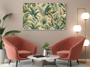 Vintage tropical jungle pattern for seamless wallpaper fabric texture tapestry background in green beige muted colors