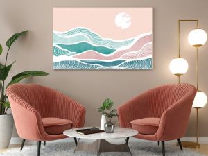 Creative minimalist modern paint and line art print. Abstract ocean wave and mountain contemporary aesthetic backgrounds landscapes. with sea, skyline, wave. vector illustrations