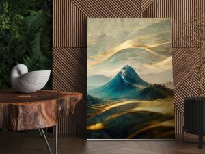 Minimalistic mountain landscape with watercolor brush in Japanese traditional style. Wallpaper with abstract art for prints or covers. 3d artwork