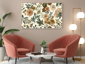 Seamless pattern background featuring a collection of vintage botanical illustrations with flowers and leaves in muted colors - Generative AI