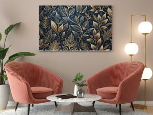 Elegant floral organic texture wallpaper illustration featuring intricate gold line art leaves on a dark, mysterious background with a seamless repeating pattern.