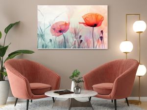 An exquisite and elegant abstract watercolor illustration showcasing vibrant and colorful poppies, making it a perfect choice for spring decor, as well as being an excellent example of botanical art