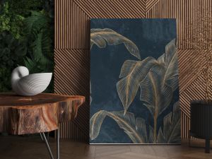 Abstract luxury art background with tropical palm leaves in blue and green colors with golden art line style. Botanical banner with exotic plants for wallpaper design, decor, print, textile