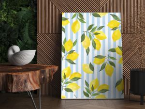 Lemon summer pattern on blue stripes background