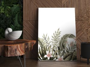 Tropical vintage botanical palm leaves, banana leaves, plant floral, plumeria flower seamless border white background. Exotic green jungle wallpaper.