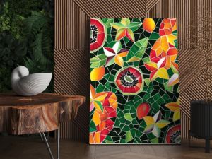 A colorful mosaic pattern of tropical fruits like guava, starfruit, and papaya, arranged in a dynamic, repeating design on a dark green background