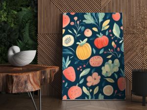 A vibrant floral pattern featuring assorted fruits and foliage against a dark background, ideal for textile and wallpaper designs.