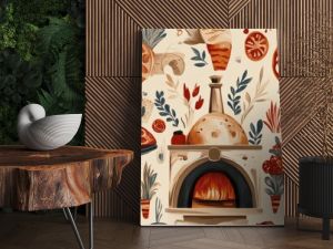 A repeating design of vintage-style pizza ovens, dough, and toppings like pepperoni and mozzarella, arranged in an artistic retro pattern with warm, inviting colors."