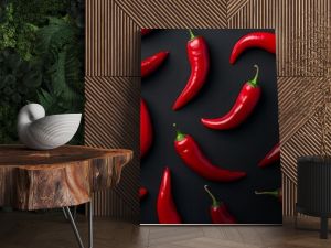 Top view of red chili peppers pattern on a black background resembling a chili wallpaper