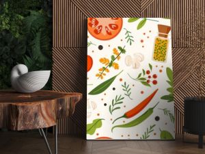 Flat design of kitchen ingredients like herbs and spices in a seamless pattern for culinary themes.