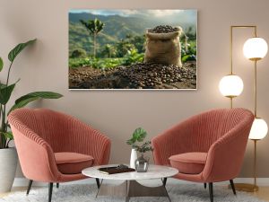 Coffee bean bag in focus. A high-quality photo of a coffee bean bag with a blurred coffee plantation background.