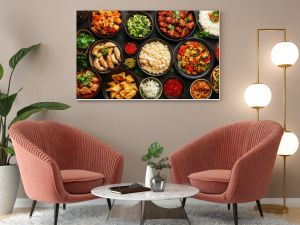 A vibrant assortment of different cuisine dishes perfect for festive gatherings and culinary celebrations. Design for Wall Art, Poster Print, Wallpaper & Background