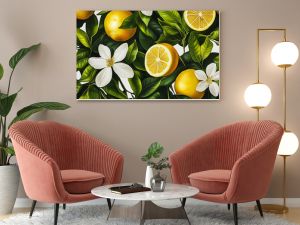 Seamless botanical pattern featuring vibrant yellow lemons with rich green leaves and delicate white blossoms, ideal for fabric prints, wallpaper, and home decor designs