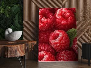 Vibrant raspberry pattern with juicy red berries and green leaves for creative design.