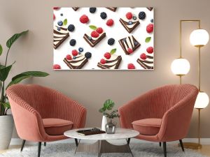 Seamless pattern featuring slices of chocolate cake topped with fresh berries on a clean white background perfect for designs and culinary themes