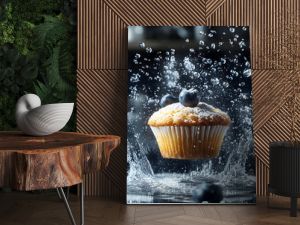 A Close-up of a Blueberry Muffin Suspended in Mid-Air, Surrounded by Water Droplets and Powdered Sugar, with a Blurred Background of a Kitchen