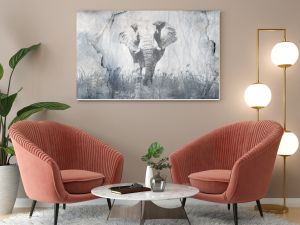 Beautiful  illustration with elephant on concrete grunge wall. Foresty background for wallpaper, photo wallpaper, mural, card, postcard, painting. Design in the loft, classic, modern style.