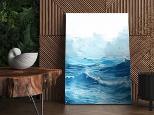 Abstract ocean waves background, vector watercolor illustration on white isolated background, detailed illustration of a sea landscape in the style of watercolour art, pastel blue color, simple design