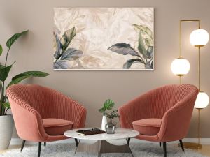 Tropical leaves on a light beige background with textural backgrounds, photo wallpaper mural in the interior