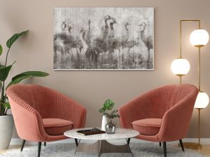 Textured background with beautiful cranes. Illustration for wallpaper, mural, poster, card, interior decoration.