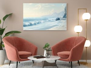 Serene coastal scene with soft, muted colors and gentle waves, creating a tranquil setting for silent reflection and reverie.