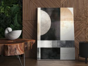 abstract geometric composition layered shapes textured elements muted color palette modern wallpaper design