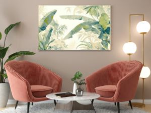 Soft colored tropical leaf wallpaper design featuring banana trees mural art suitable for interior decoration