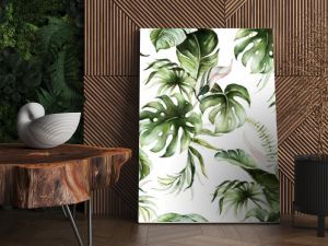 Green tropical leaves on white background. Watercolor hand painted seamless pattern. Floral tropic illustration. Jungle foliage.