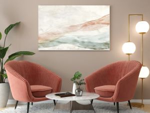 Abstract watercolor wash background with flowing lines in muted peach, beige, and sage green tones on textured paper.