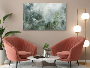 tropical plants on a textural background in dark colors art drawing photo wallpaper in the interior