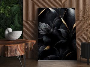 Black luxury cloth, silk satin velvet, with floral shapes, gold threads, luxurious wallpaper, elegant abstract design