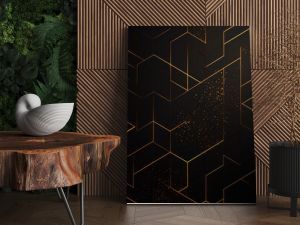 Dark black mosaic background with golden lines Art Deco luxury style texture Created with Generative AI technology