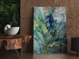 Parrot on huge banana leaves. Grunge photo wallpaper with abstract elements on the dark concrete background. Illustration for wallpaper, fresco, mural.