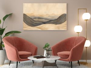 minimalistic painting with geometric lines, abstract modern boho landscape. wall art with grunge effect and strong brush strokes