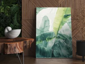 The room has large leaves art tropical pattern wallpaper