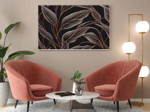 seamless wallpaper of illustrated plant leaves, copper and black colors, sleek, elegant