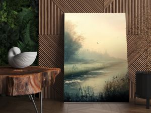 A serene landscape at dawn, with soft, muted colors and gentle mist creating a sense of peaceful reverie and quiet contemplation.