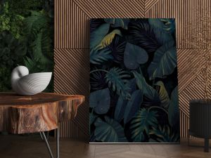 Botanical illustration. Tropical seamless pattern. Rainforest, jungle. Palm leaves, monstera, colocasia, banana. Hand drawing for design of fabric, paper, wallpaper, notebook covers