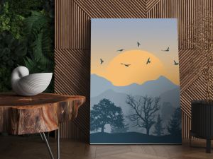 Beautiful forest on background of mountains and sunset and flying birds, silhouettes. Vector illustration