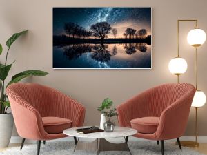 starry sky, with trees Silhouette in the horizon