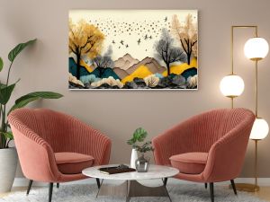 Brown trees with golden flowers and turquoise, black and gray mountains in light yellow background with white clouds and birds. 3d illustration wallpaper landscape art