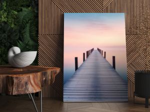 A straight flat simplistic rectangular lake dock, beautiful sunrise, foggy, calm water. Nature relax wallpaper.