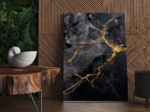 Black marble texture background, wide banner with pattern of gold line in dark rock. Abstract luxury marbled structure close-up. Concept of art, design, stone and wallpaper