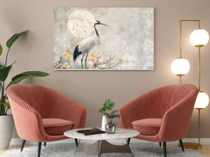 Elegant crane illustrations in Japanese style, subtle background patterns, artful and engaging designs , high resolution DSLR, 8K, high detailed, super detailed , ultra HD, 8K resolution , up32K HD