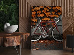 Rustic Bicycle Against Brick Wall With Autumn Leaves