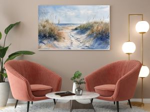 Realistic Sea beach background in watercolor style pink, blue beige pastel color, muted tones. Painting of sand dunes, path with foot step & sea. Sea side art banner with copy space.