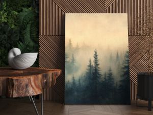 Vintage-inspired misty landscape, with a dense fir forest under a soft haze, evoking a sense of mystery and nostalgia.